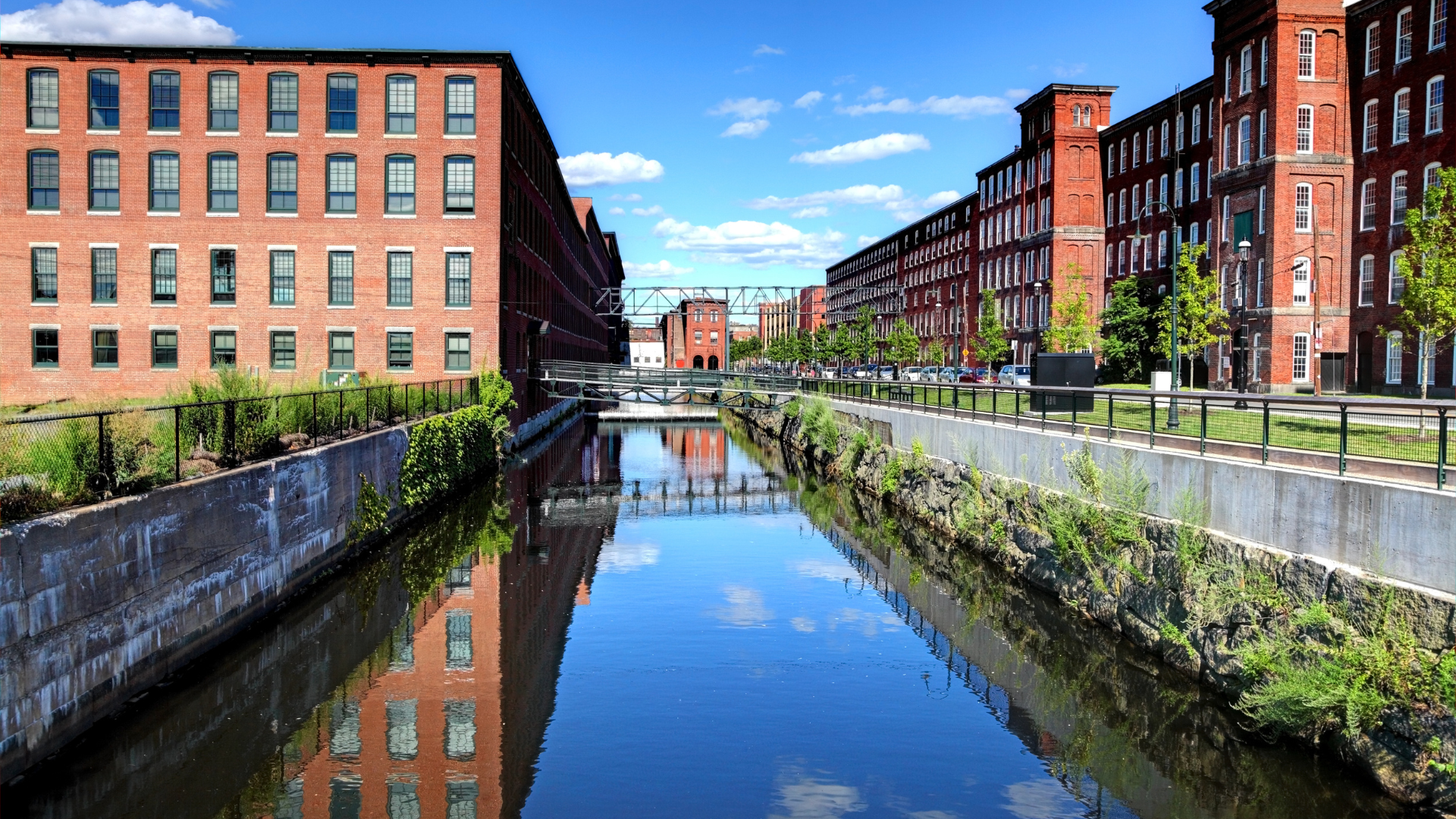 Historic Lowell canal district with red brick mill buildings